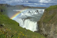Der Gullfoss Wasserfall mit einen kleinen Regenbogen und Lwenzahn in Vordergrund